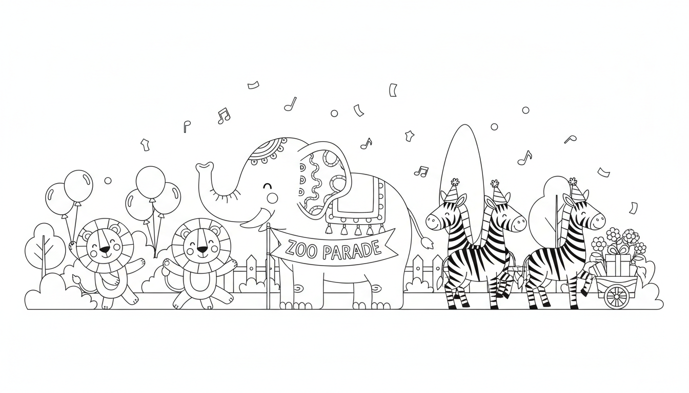 Animals parade with elephants, lions and zebras coloring page to print
