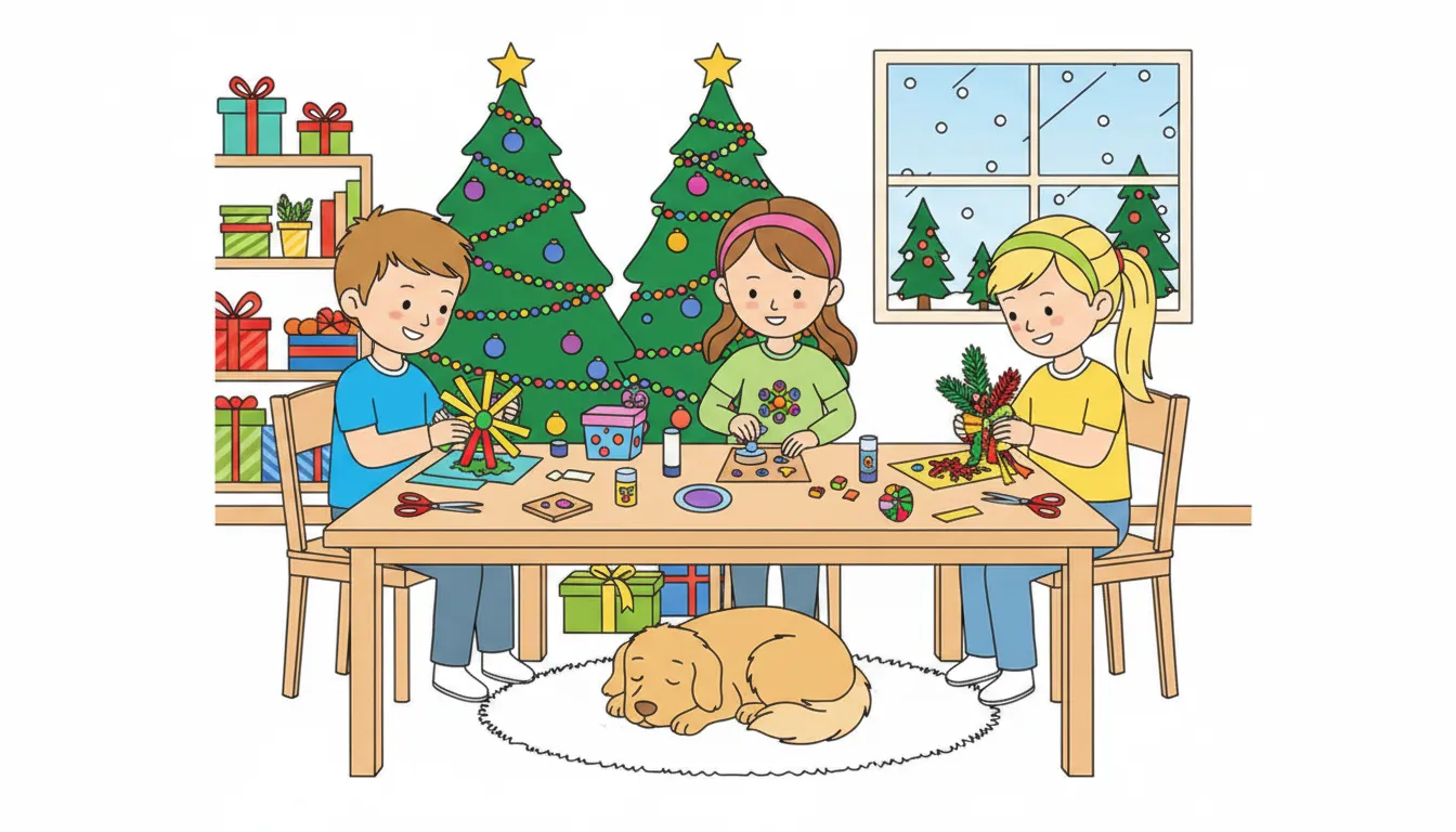 Christmas craft room with children and dog coloring page to print