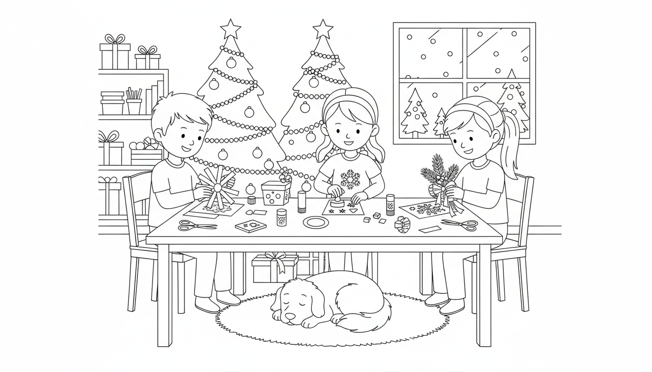 Christmas craft room with children and dog coloring page to print