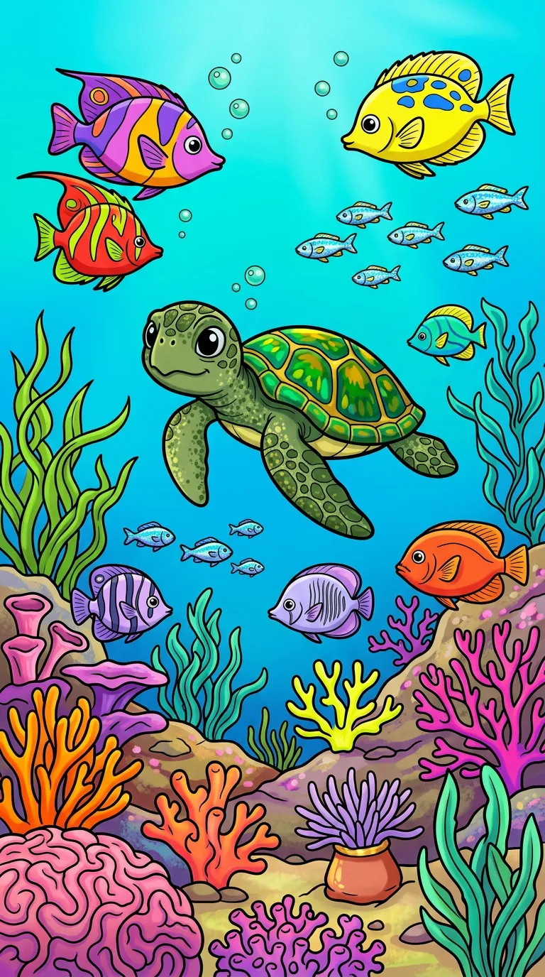 A vibrant coral reef with various fish, seaweed, and a curious turtle swimming by. coloring page to print