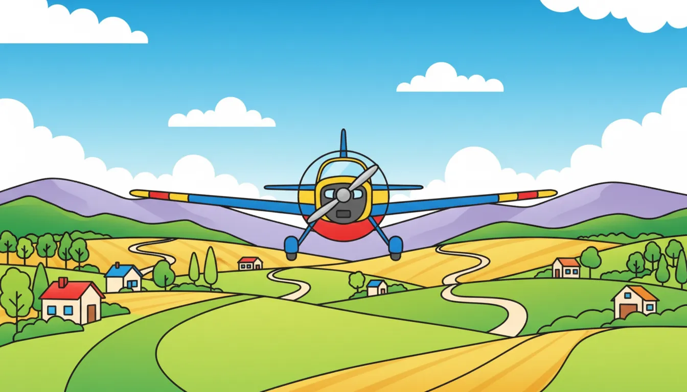 small airplane flying over green countryside coloring page to print