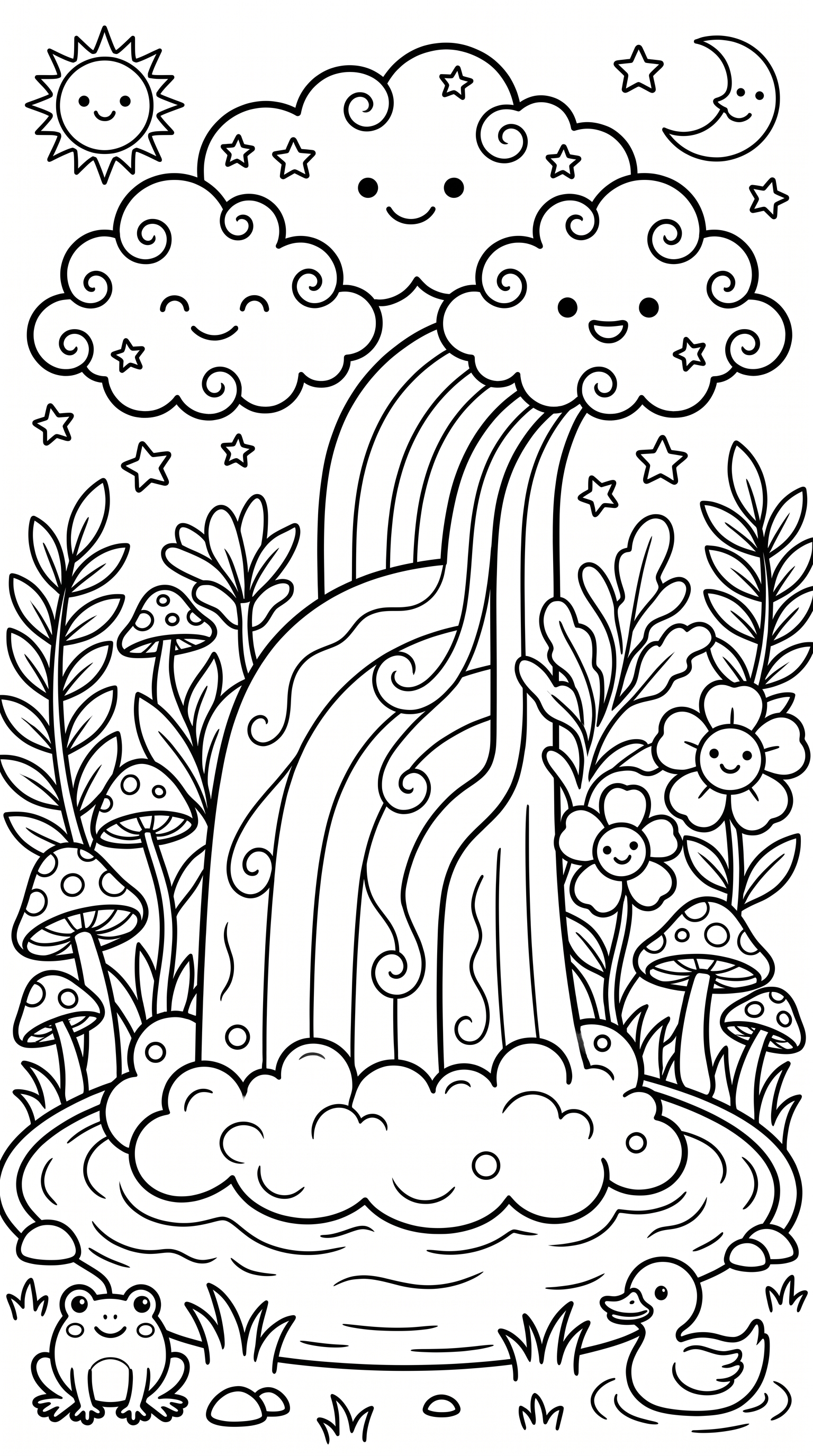 Whimsical rainbow waterfall flowing from clouds coloring page to print