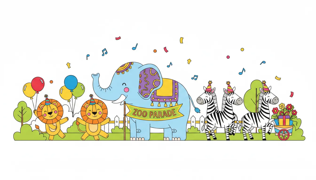 Animals parade with elephants, lions and zebras coloring page to print