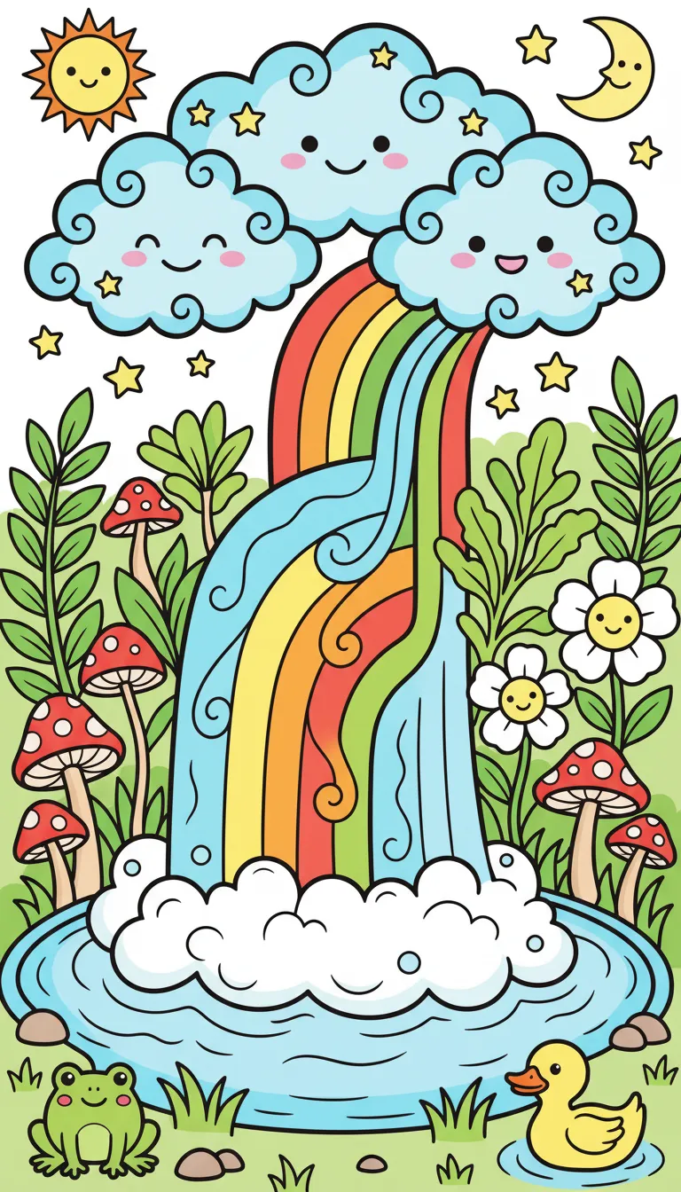 Whimsical rainbow waterfall flowing from clouds coloring page to print