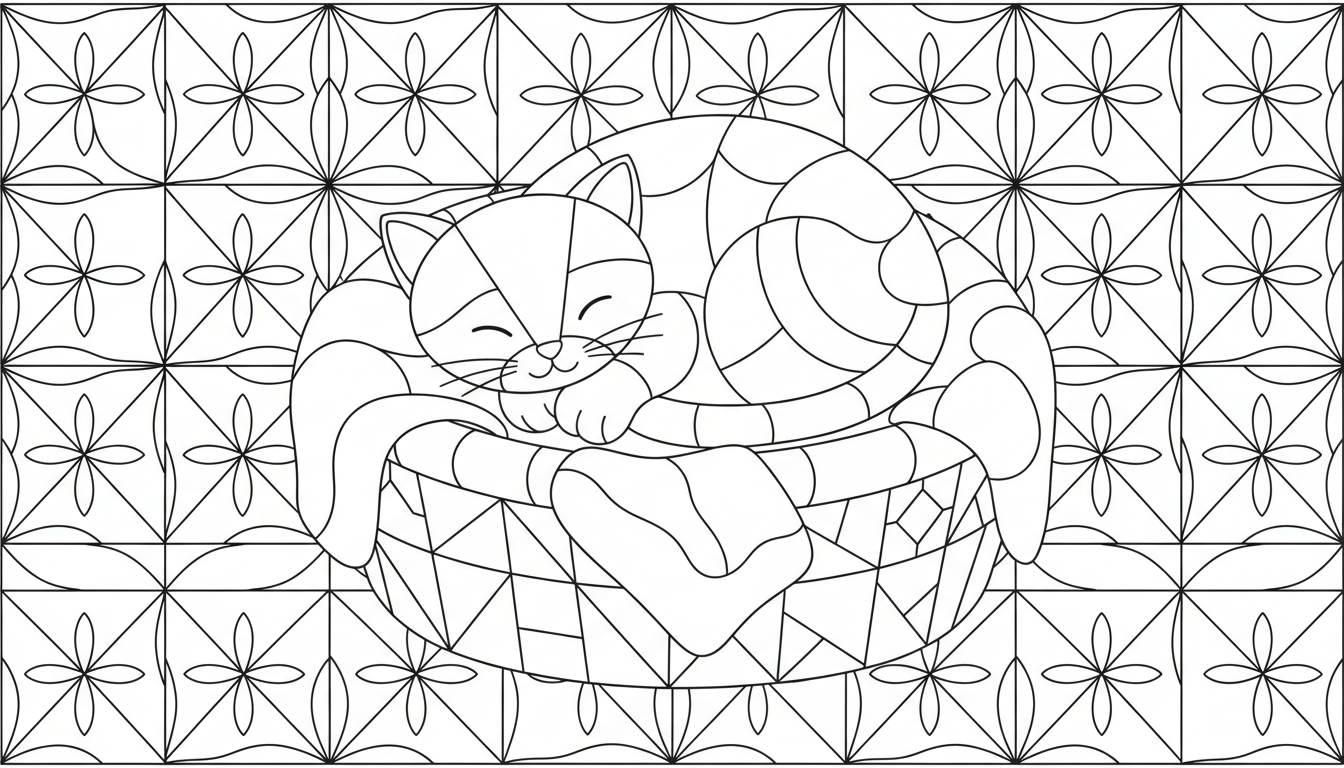 Cute sleeping kitten in cozy basket coloring page to print
