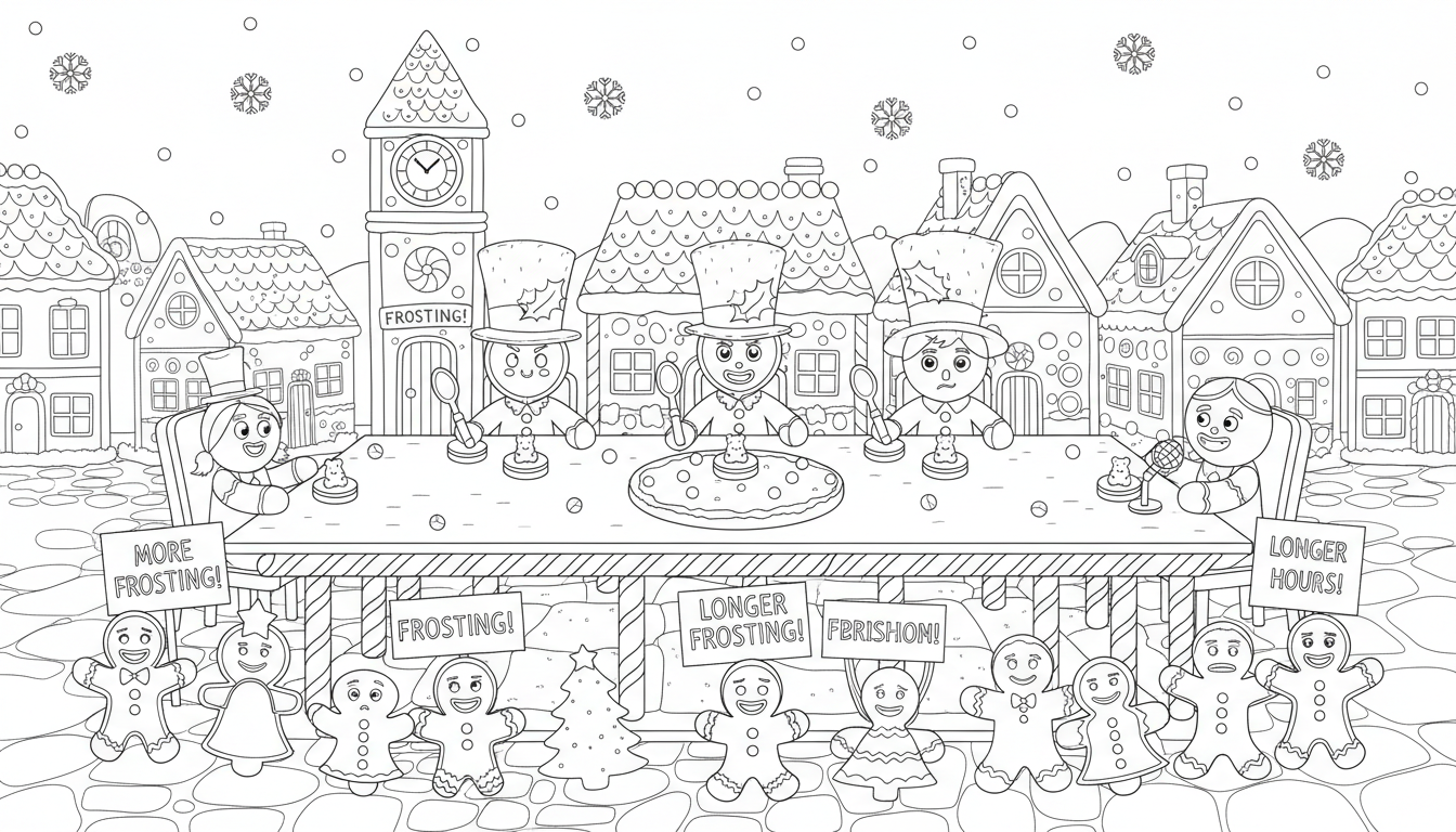 funny gingerbread town council meeting coloring page to print