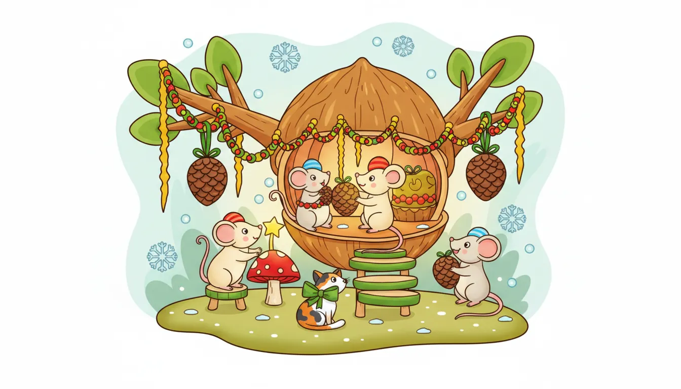 tiny mouse family decorating walnut-shell treehouse coloring page to print