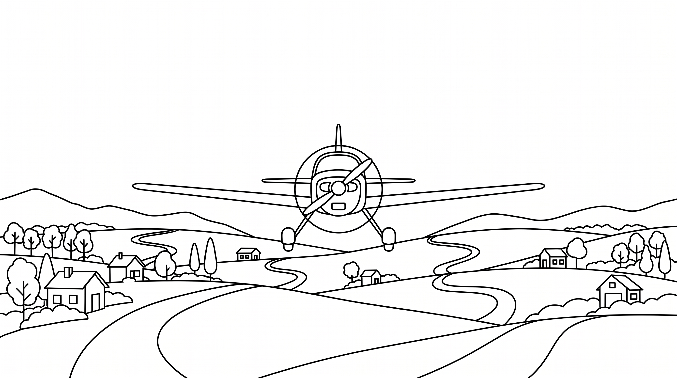 small airplane flying over green countryside coloring page to print