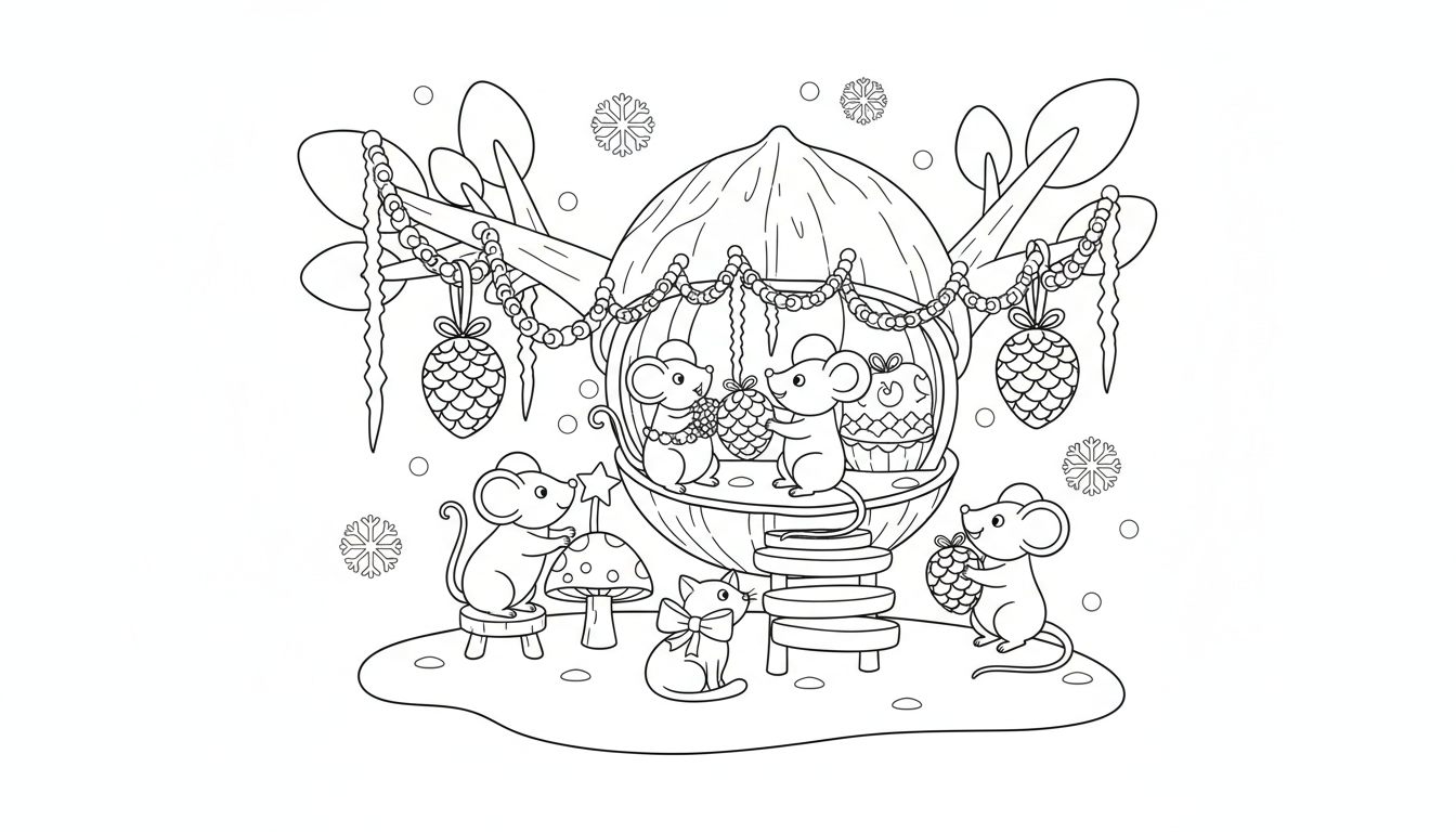 tiny mouse family decorating walnut-shell treehouse coloring page to print