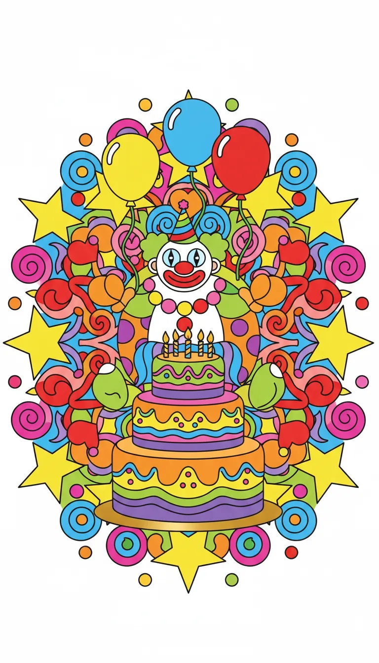 A cheerful clown at a birthday party with balloons and cake. coloring page to print