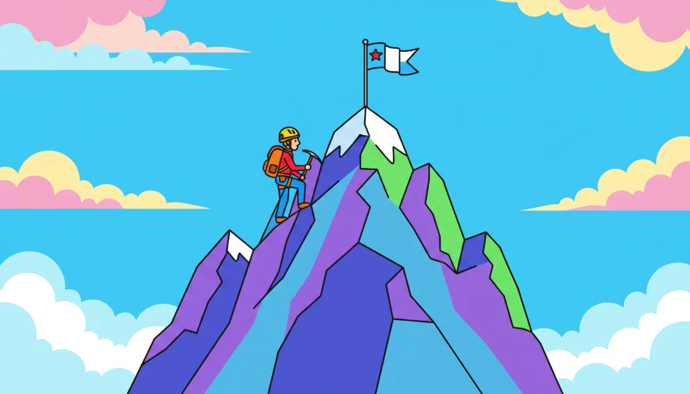 mountain climber with flag on peak coloring page to print