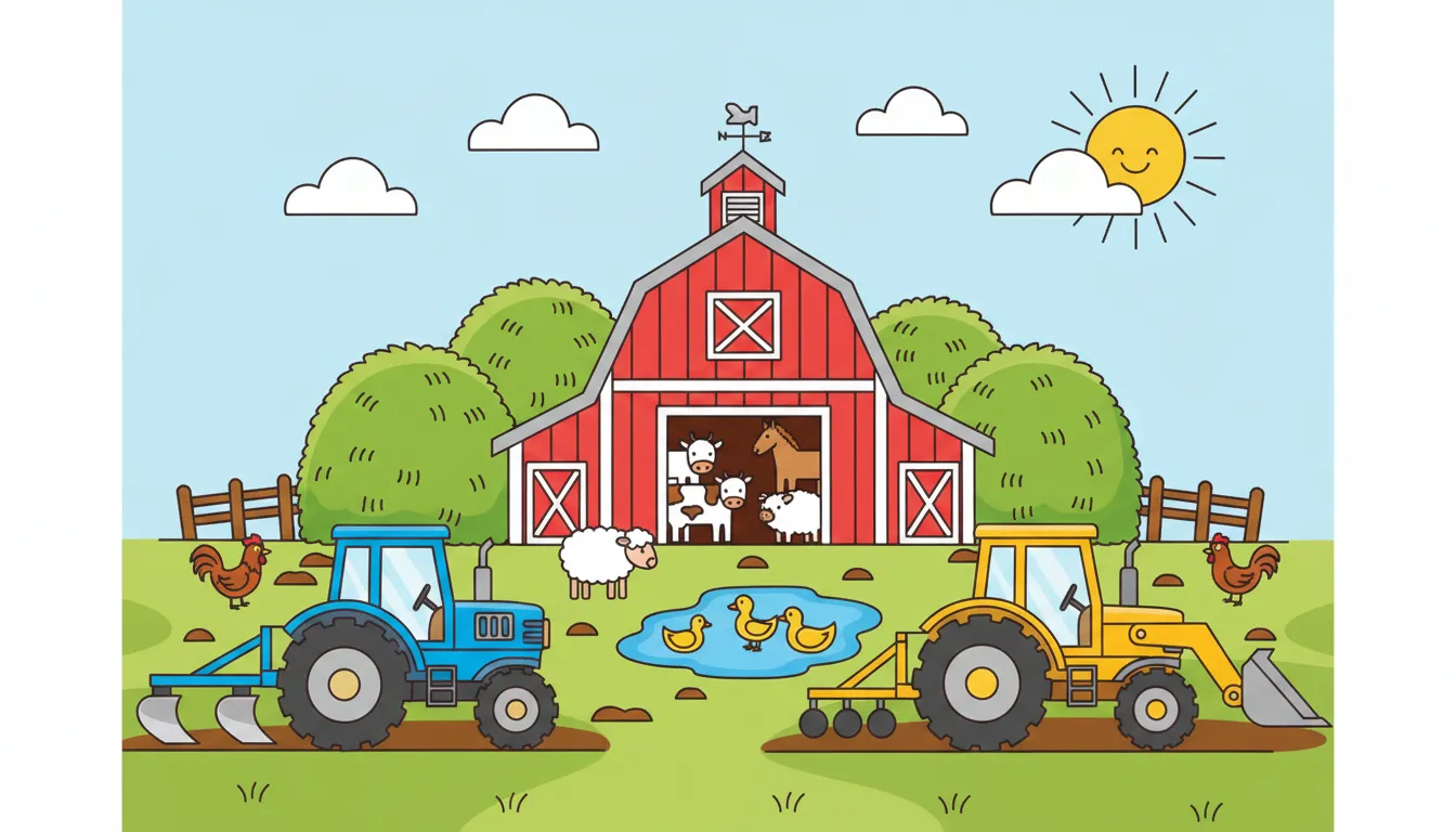 busy farmyard scene with tractors haystacks and animals coloring page to print