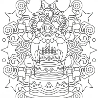 A cheerful clown at a birthday party with balloons and cake.