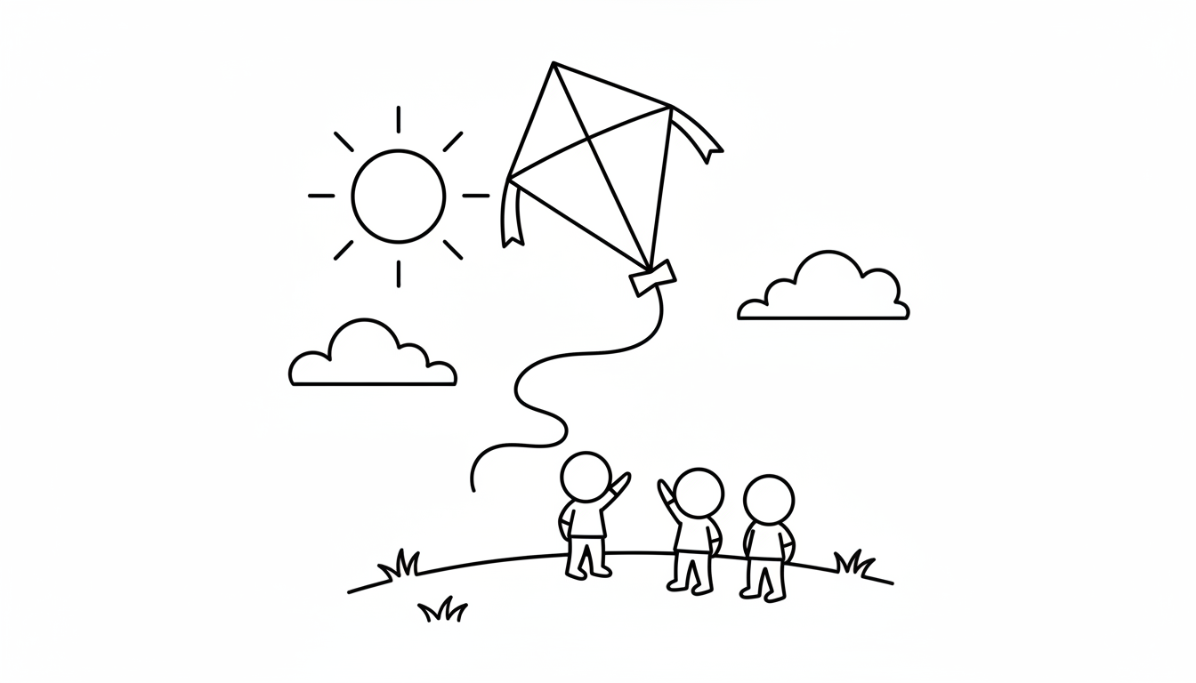 colorful kite flying over grass and children coloring page to print