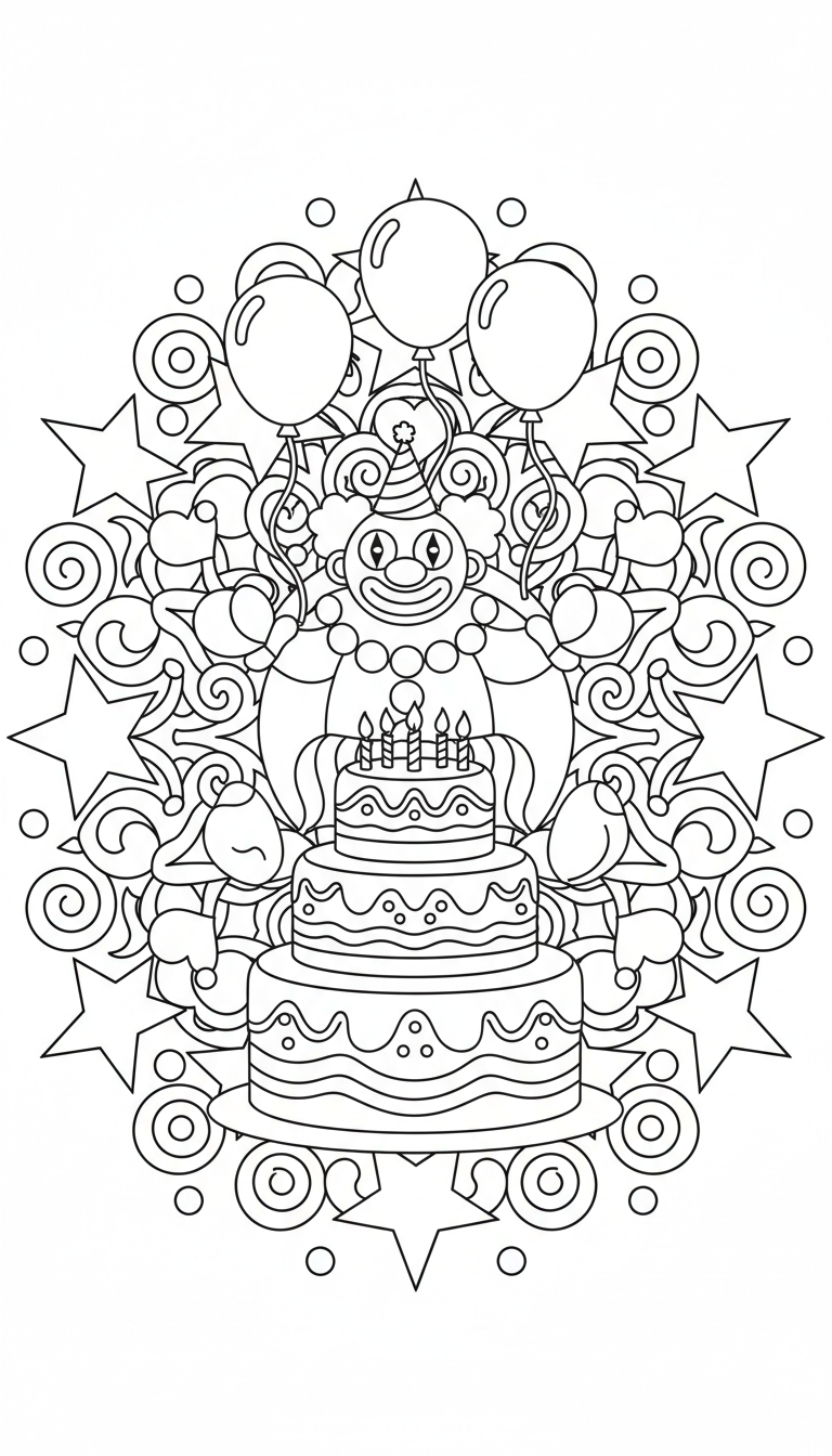A cheerful clown at a birthday party with balloons and cake. coloring page to print