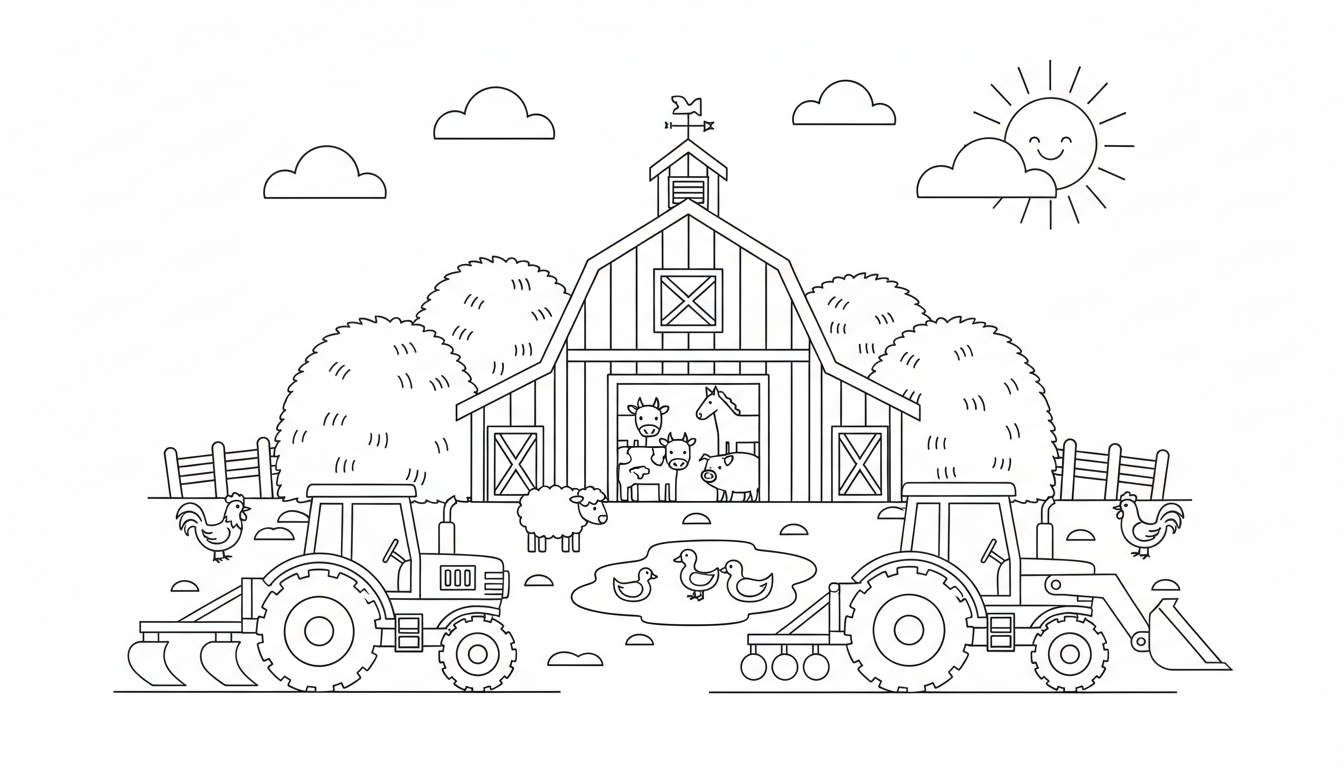 busy farmyard scene with tractors haystacks and animals coloring page to print