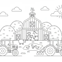 busy farmyard scene with tractors haystacks and animals