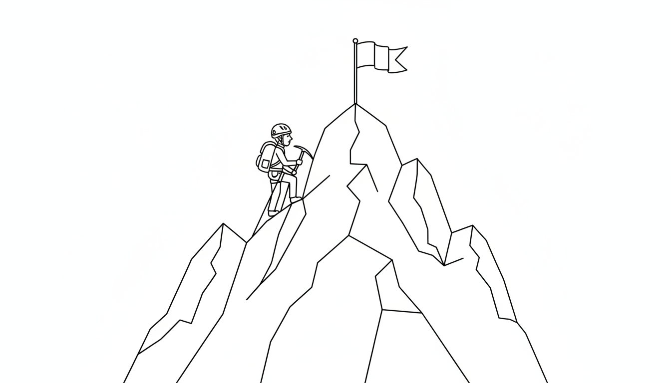 mountain climber with flag on peak coloring page to print