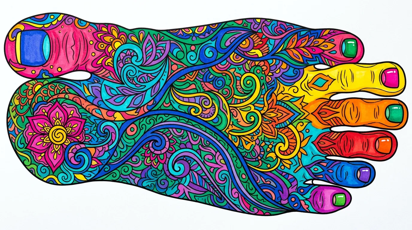 A detailed drawing of a human foot showing toes and arch. coloring page to print