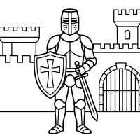 medieval knight with shield and sword in front of castle
