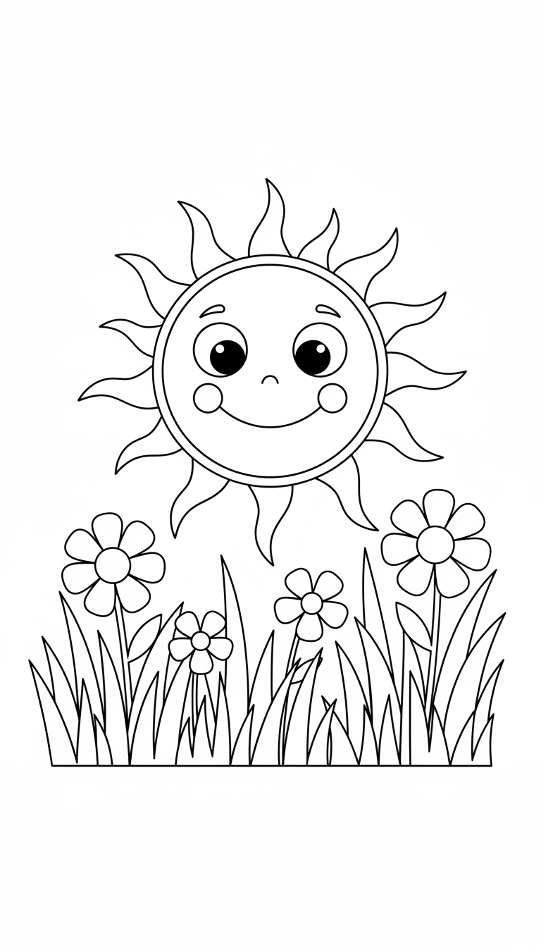 smiling sun shining over grass coloring page to print