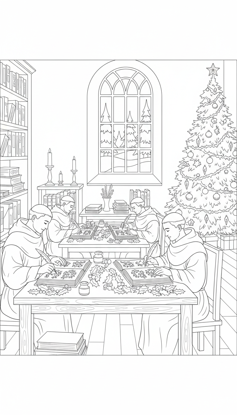 Christmas monastery scriptorium scene coloring page to print