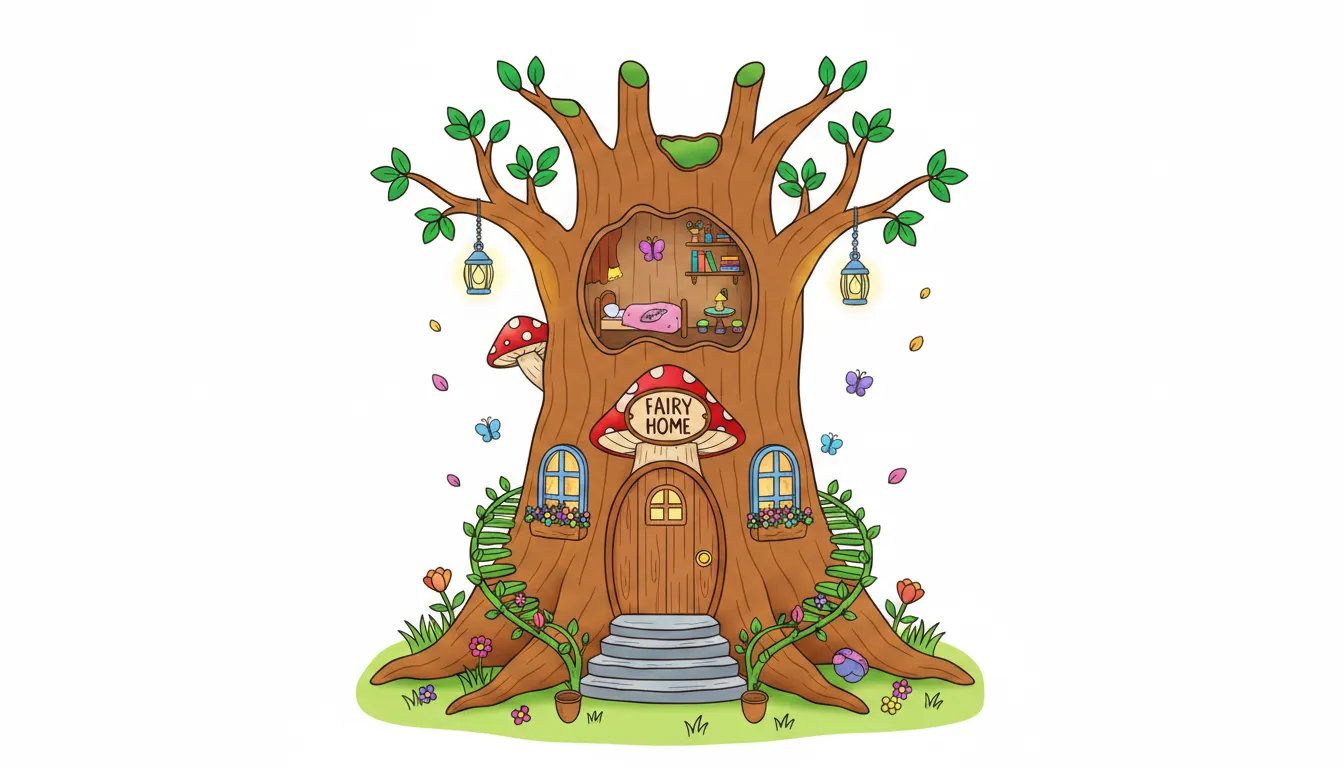 A secret fairy house built inside a hollow tree. coloring page to print
