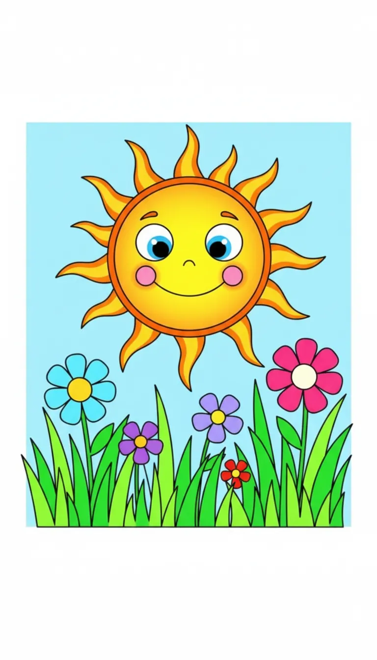 smiling sun shining over grass coloring page to print
