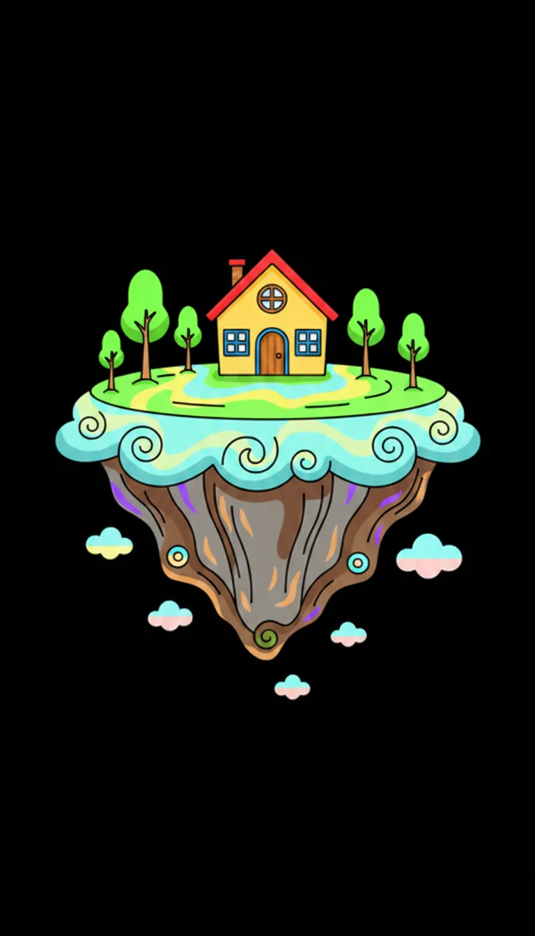 Whimsical floating island with tiny house and trees coloring page to print