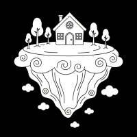 Whimsical floating island with tiny house and trees