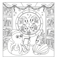 Cozy Christmas submarine library scene
