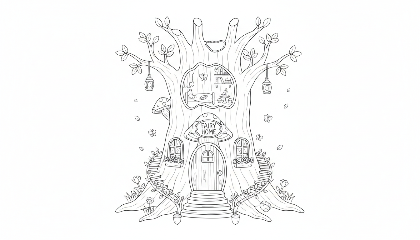 A secret fairy house built inside a hollow tree. coloring page to print