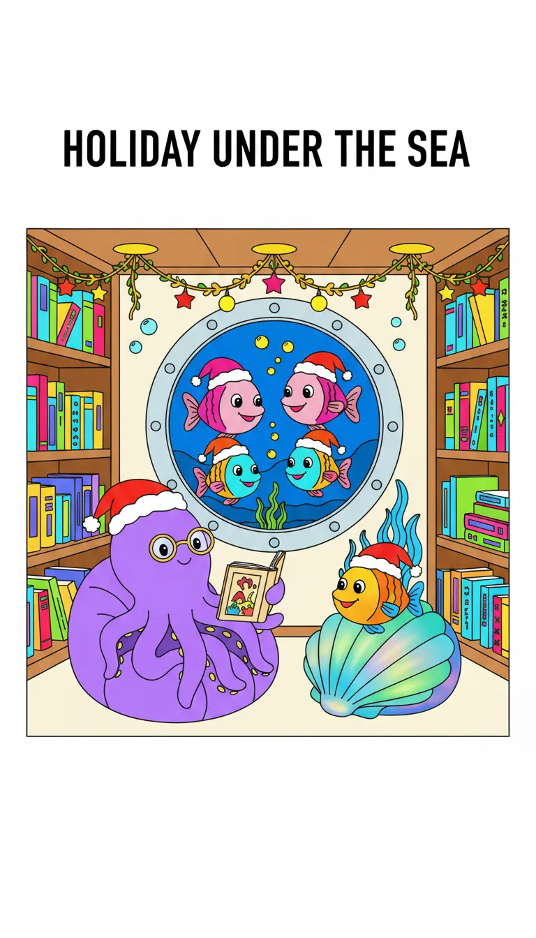 Cozy Christmas submarine library scene coloring page to print