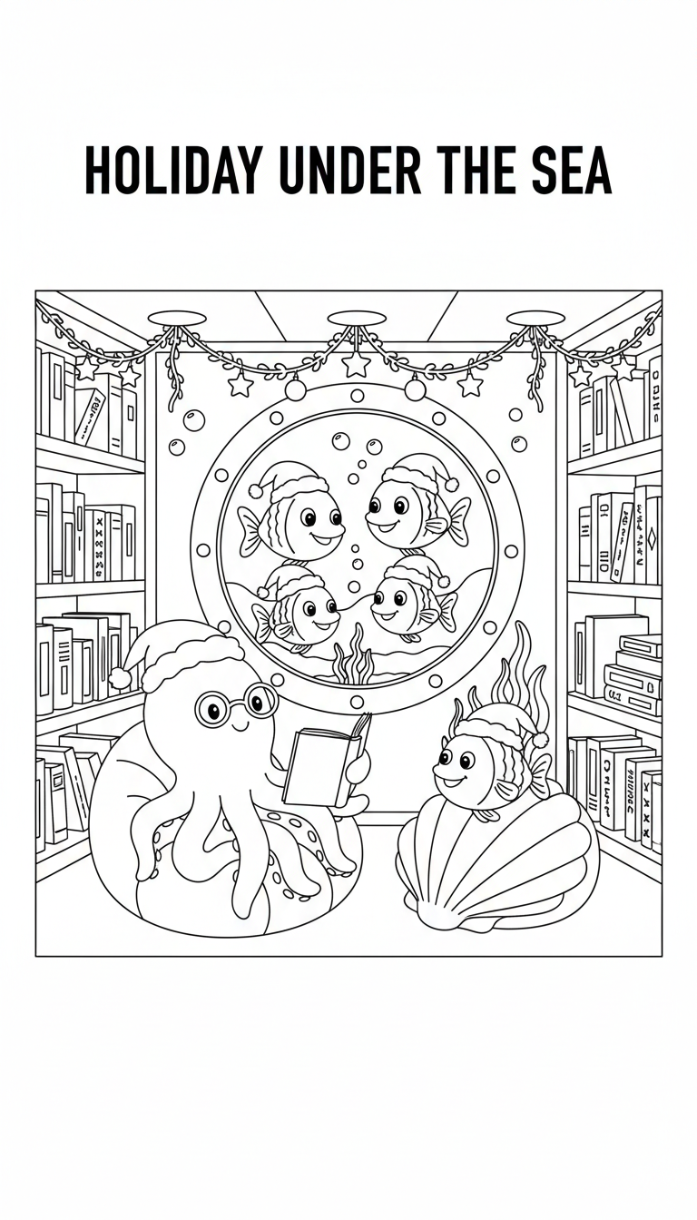 Cozy Christmas submarine library scene coloring page to print