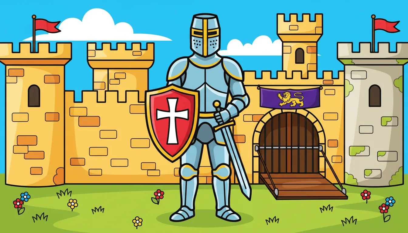 medieval knight with shield and sword in front of castle coloring page to print