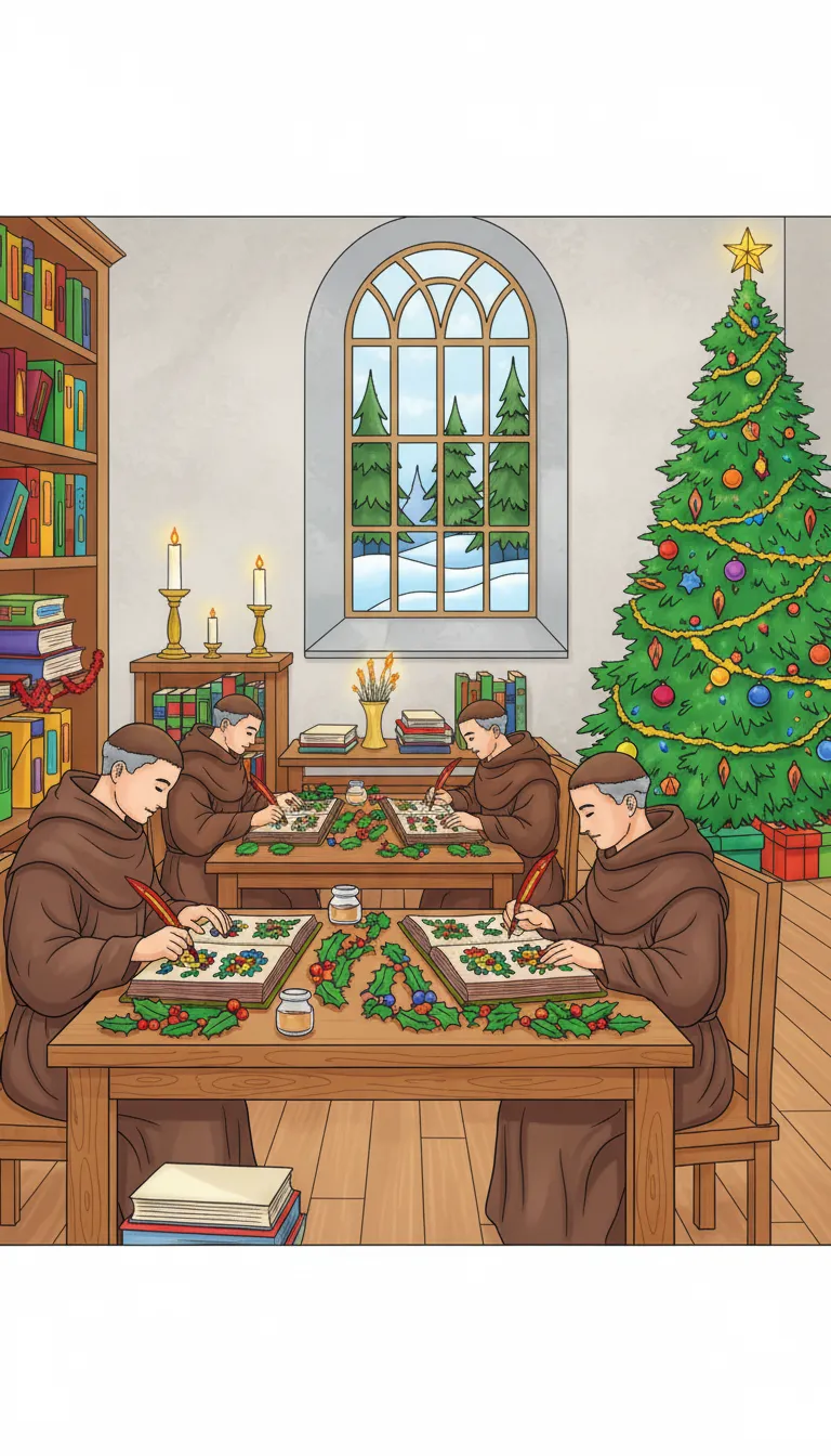 Christmas monastery scriptorium scene coloring page to print