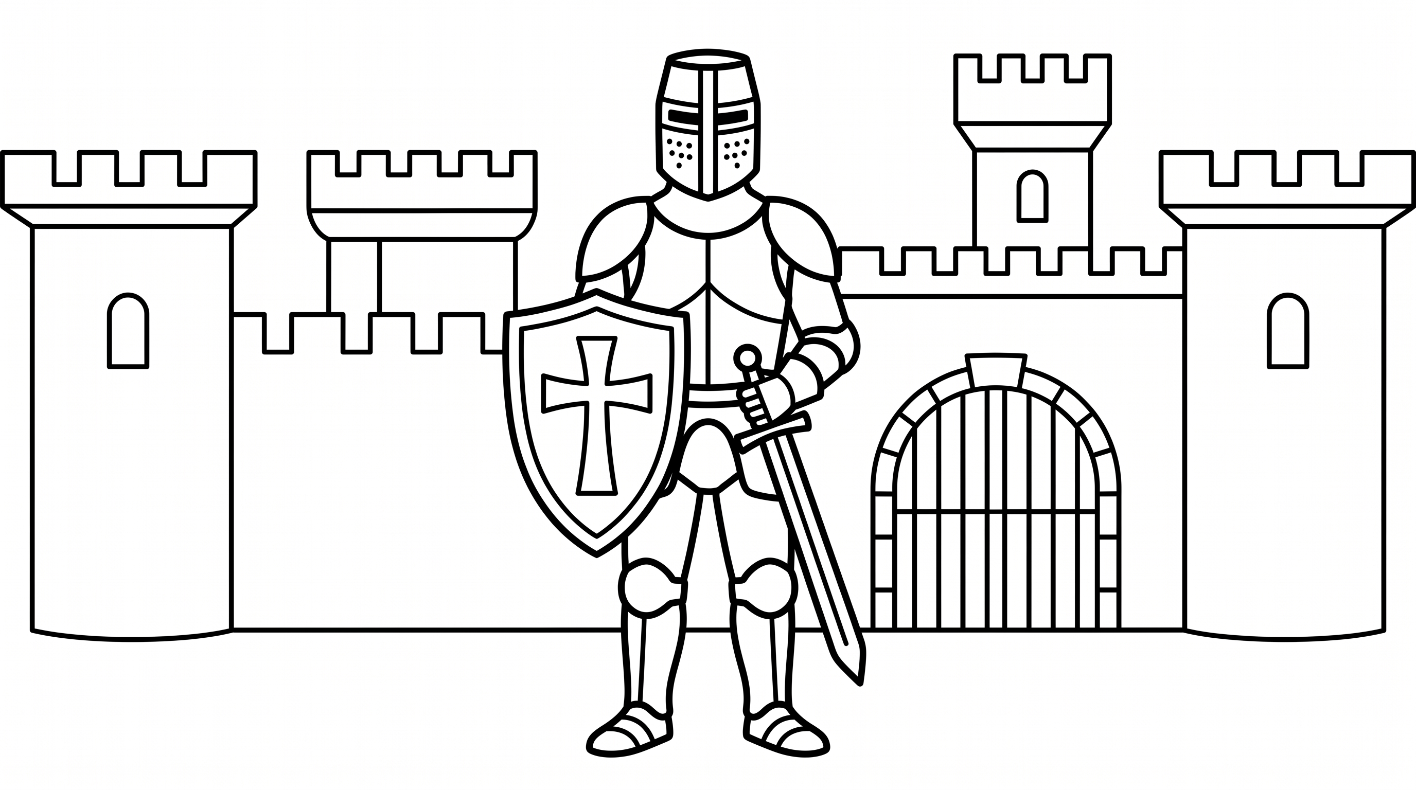 medieval knight with shield and sword in front of castle coloring page to print