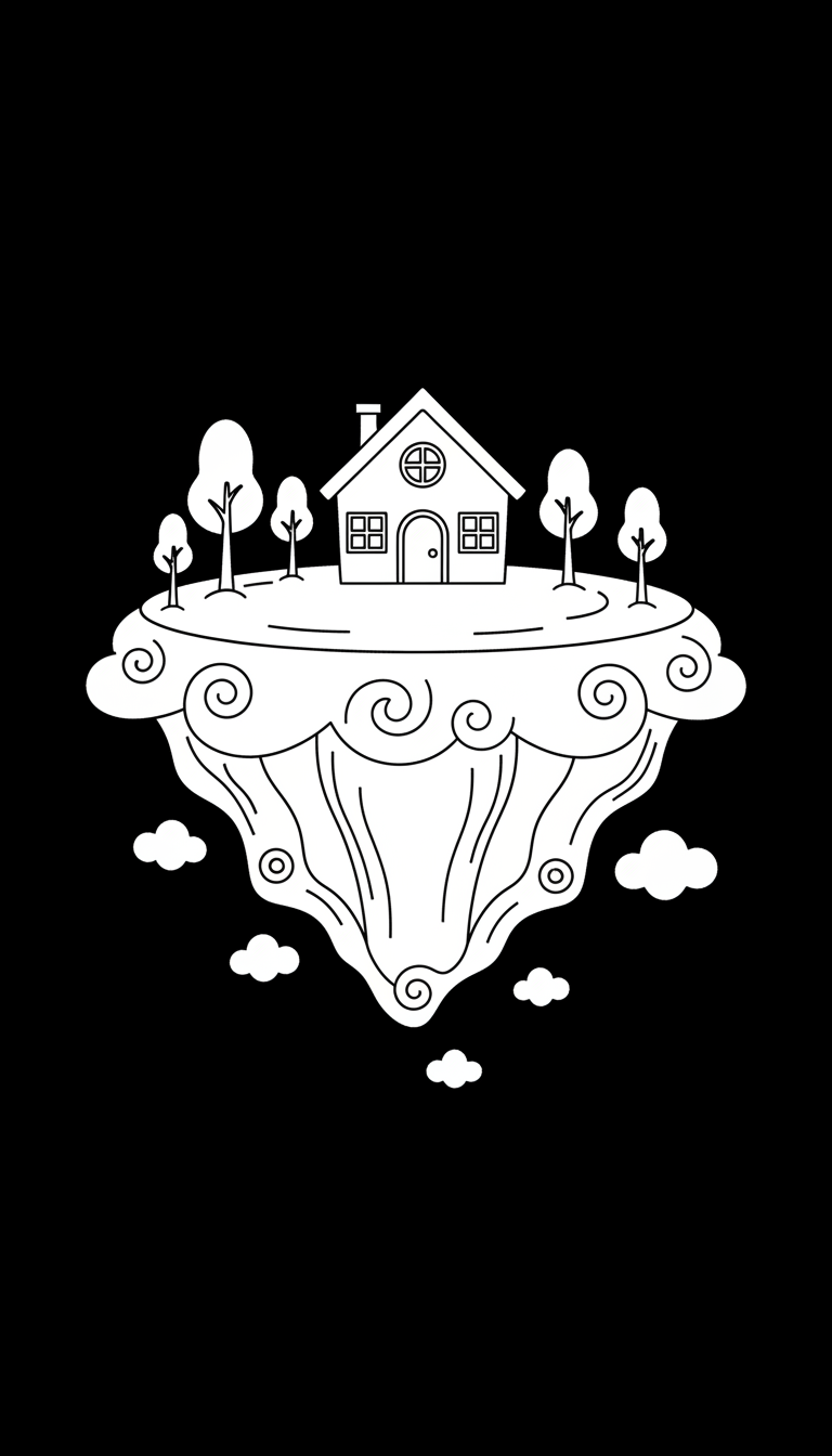 Whimsical floating island with tiny house and trees coloring page to print