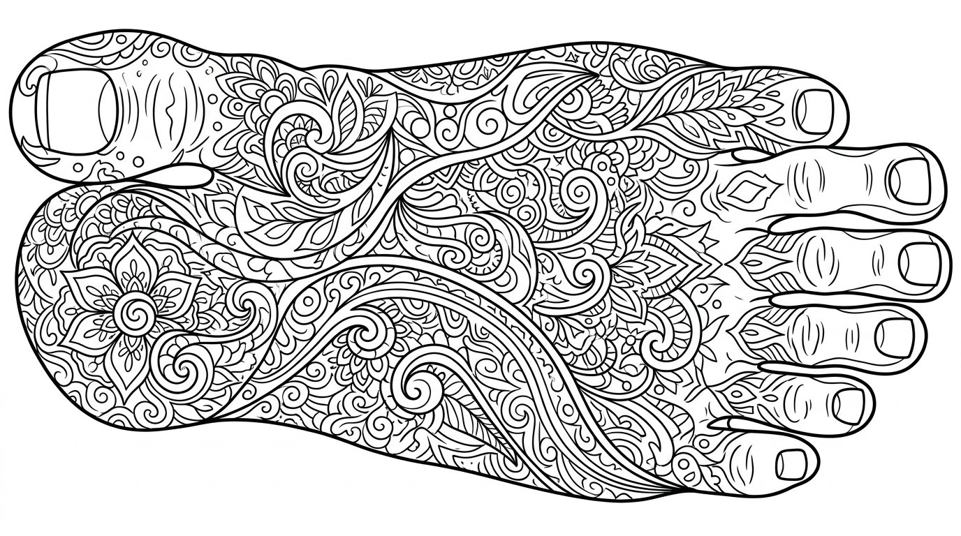 A detailed drawing of a human foot showing toes and arch. coloring page to print