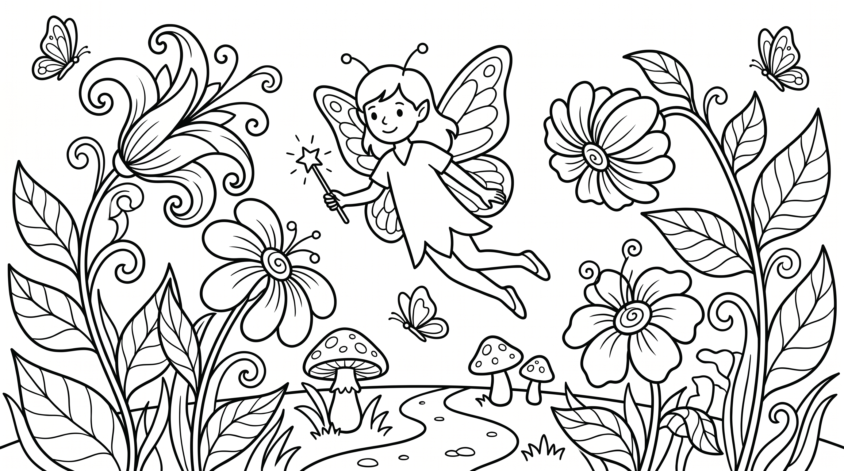 A magical scene of a fairy flying through a garden with glowing flowers. coloring page to print