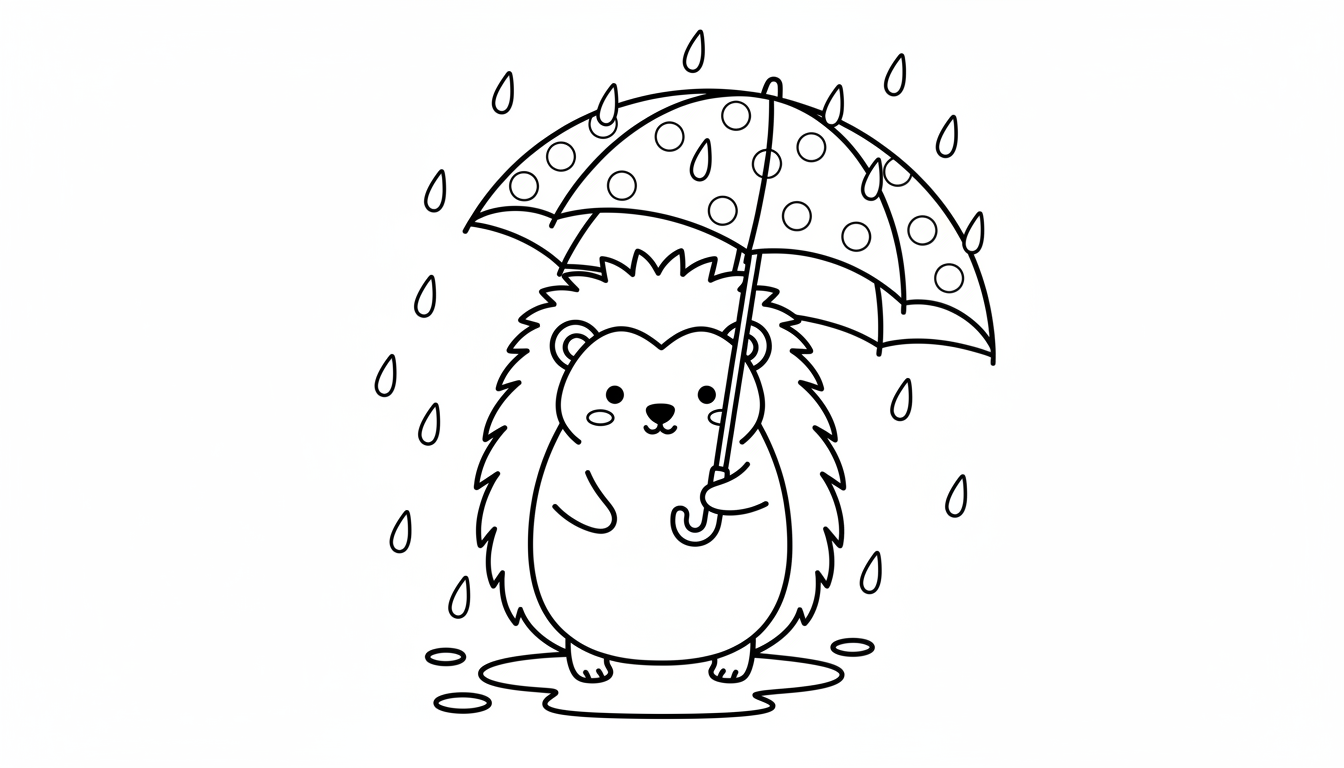 Cute hedgehog with umbrella in rain coloring page to print