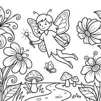 A magical scene of a fairy flying through a garden with glowing flowers.