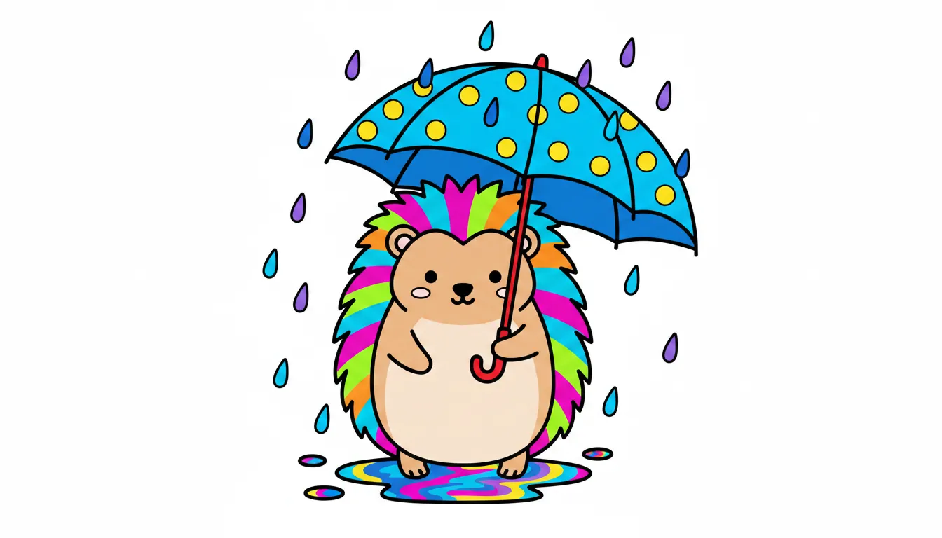 Cute hedgehog with umbrella in rain coloring page to print