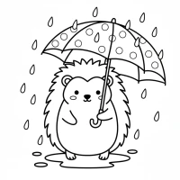 Cute hedgehog with umbrella in rain