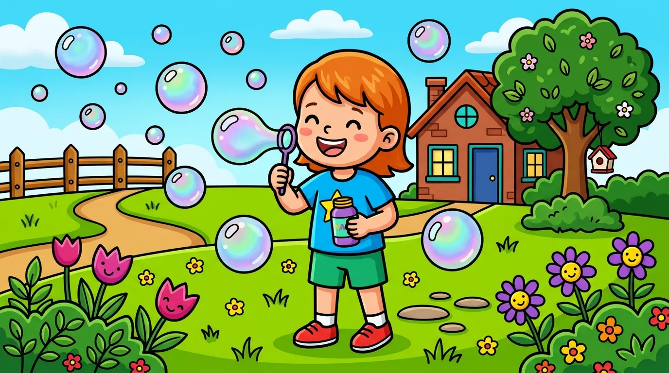 A cheerful scene of a child blowing bubbles in the backyard during spring. coloring page to print