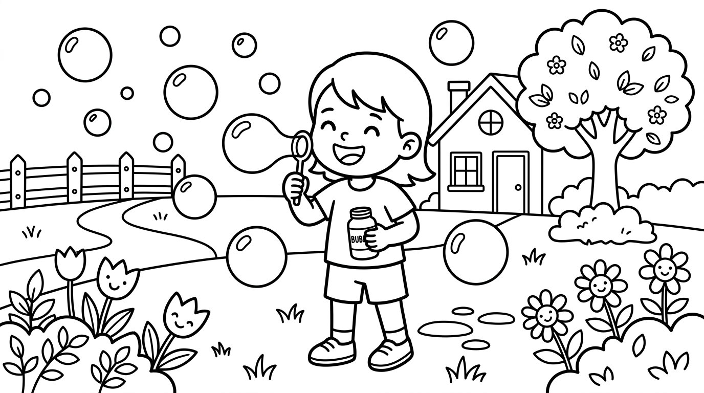 A cheerful scene of a child blowing bubbles in the backyard during spring. coloring page to print