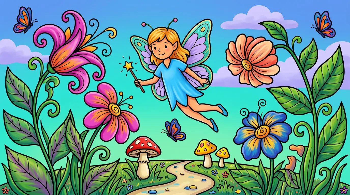 A magical scene of a fairy flying through a garden with glowing flowers. coloring page to print