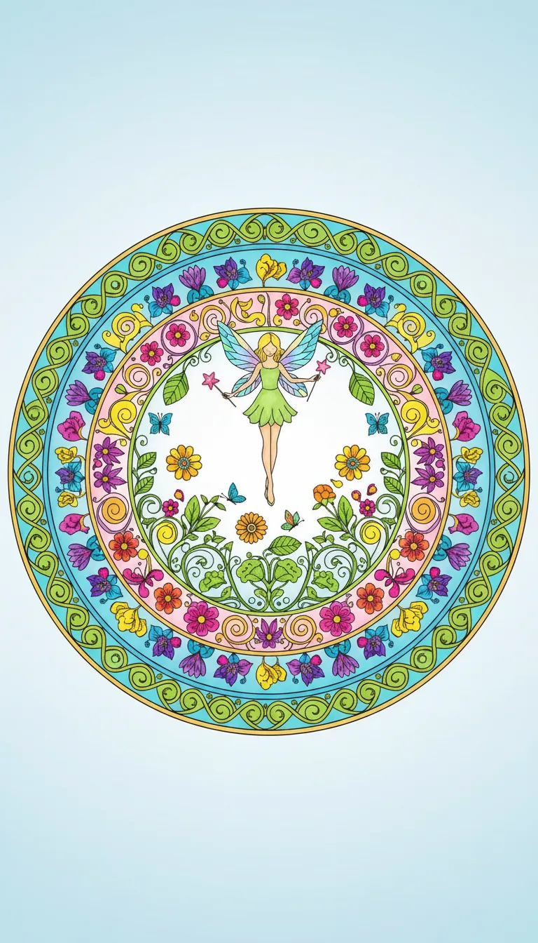 magical fairy flying over flower garden coloring page to print