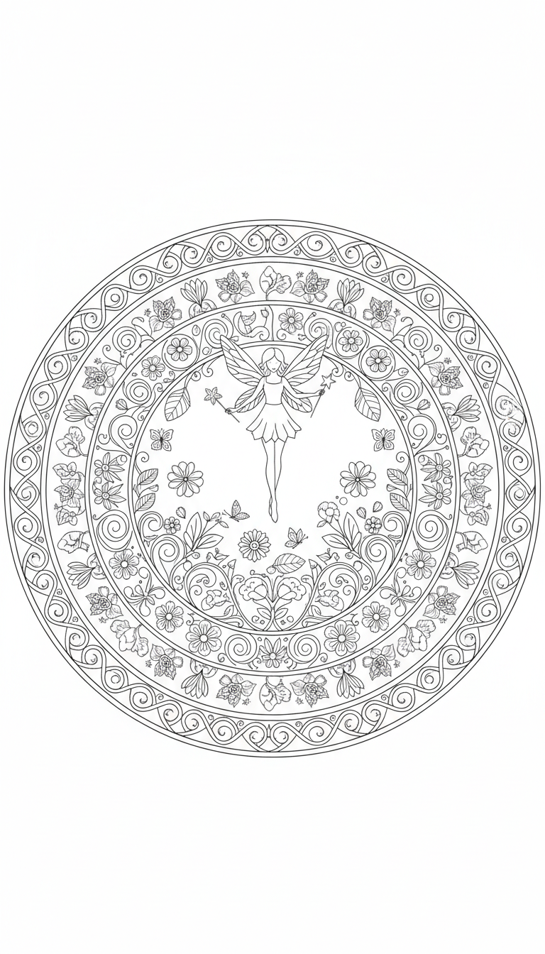 magical fairy flying over flower garden coloring page to print