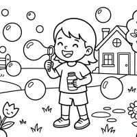 A cheerful scene of a child blowing bubbles in the backyard during spring.